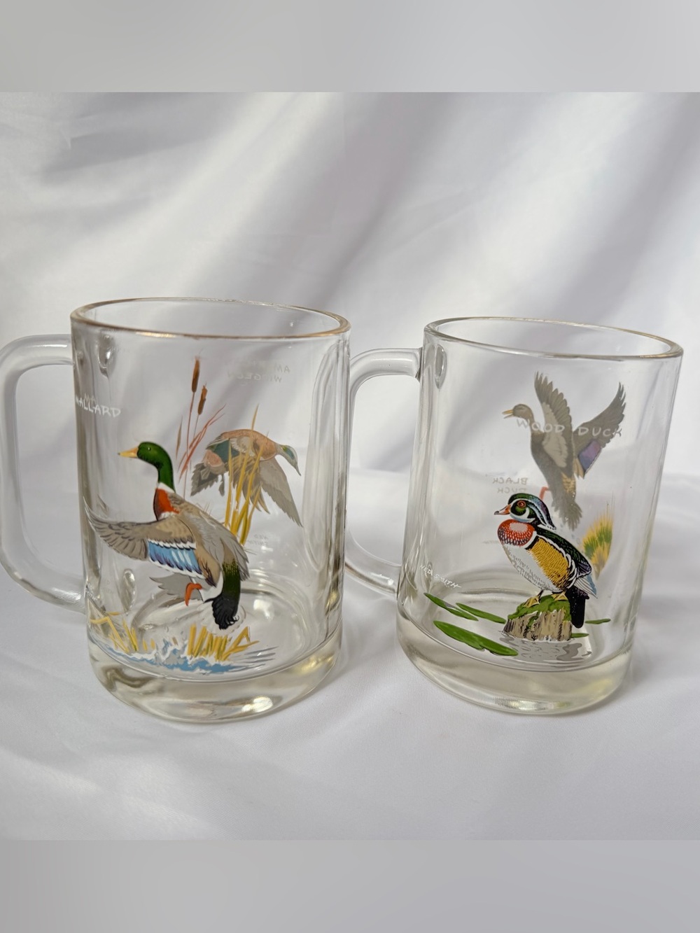 Vintage Ned Smith Duck Glass Mug Pair 22K Gold Rim Waterfowl Barware MCM